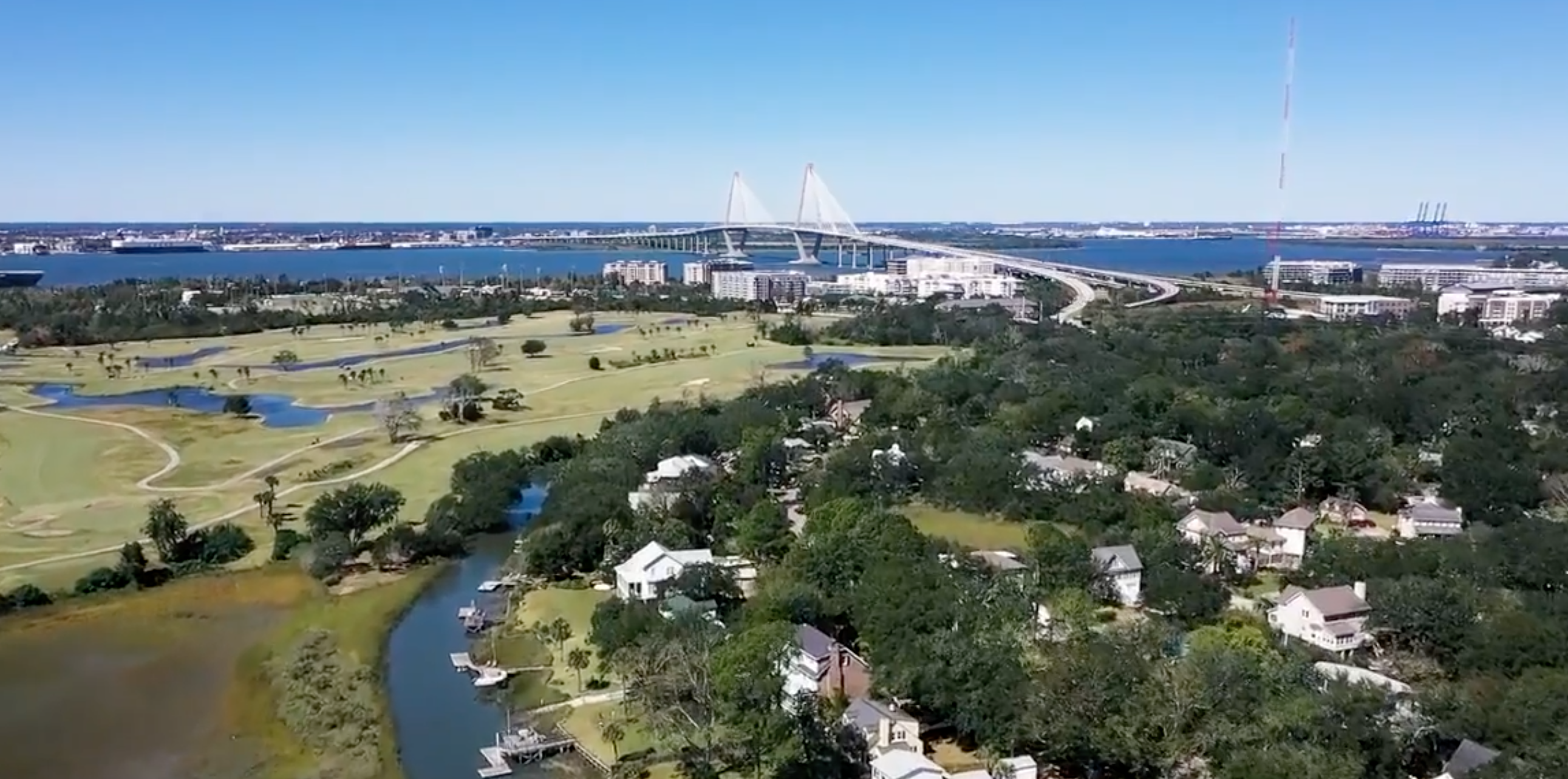 Drone view of Mount Pleasant and Ravenel Bridge in Charleston, sC