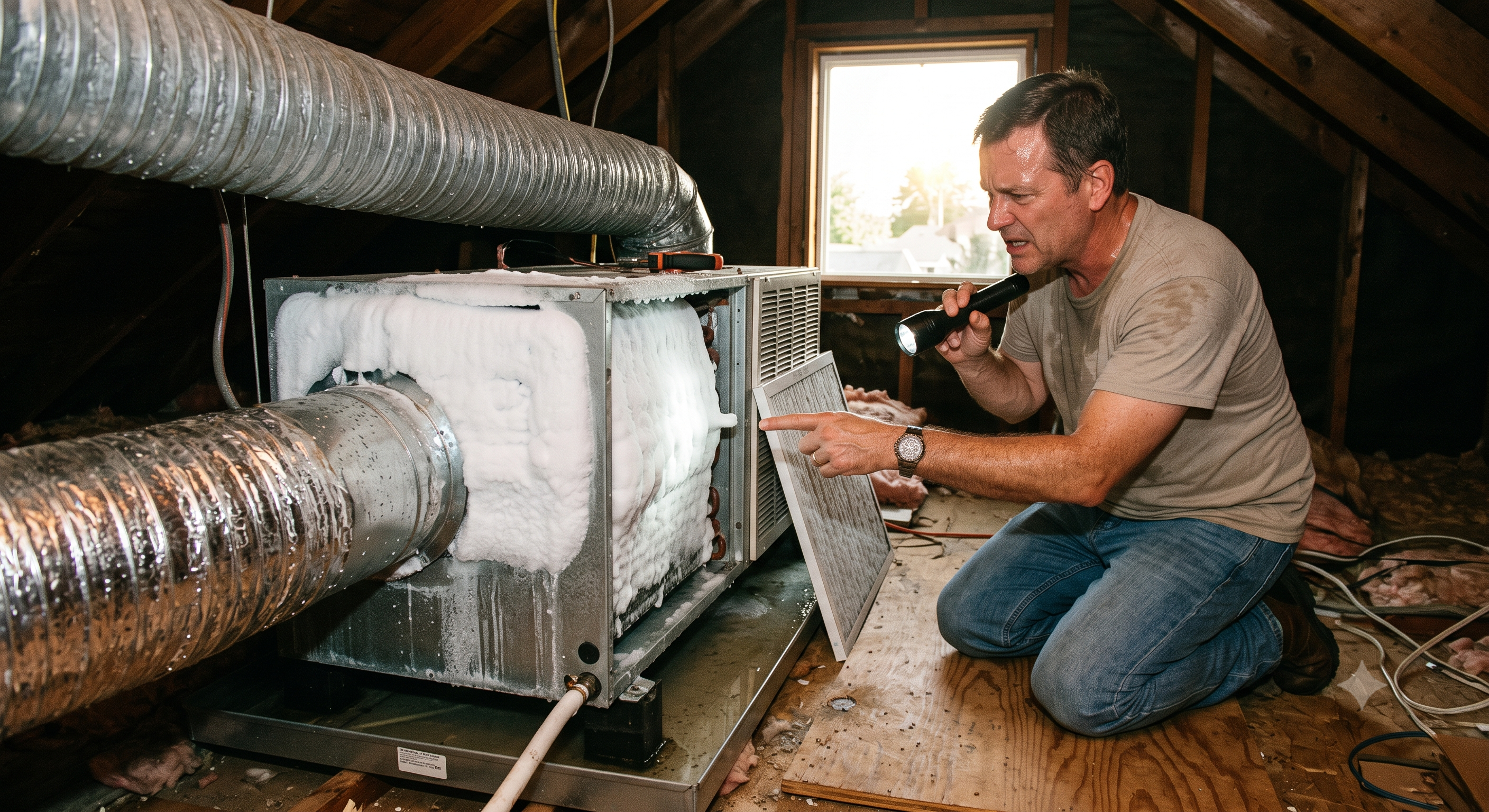 A homeowner in a hot attic using a flashlight to inspect a frozen indoor HVAC evaporator coil covered in a thick layer of white ice and frost.