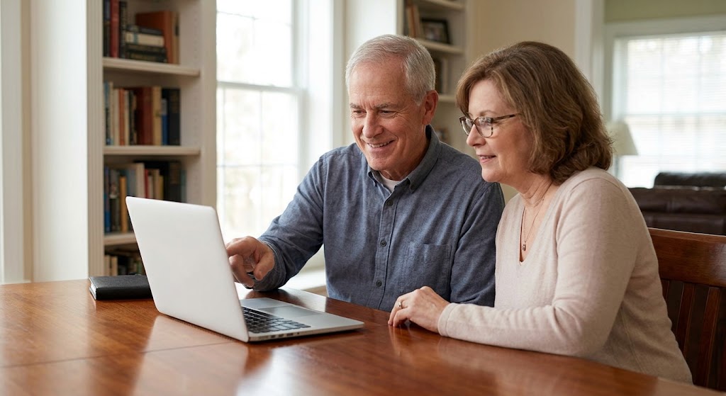 cheerful retired couple in a home office, pointing at a laptop computer. This could visually represent them researching, or ready to contact you