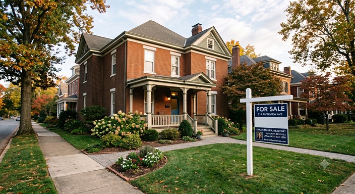 A scenic street-level view of a classic brick residential home with historic architectural details, a green yard, blooming hydrangeas, and a real estate yard sign on a clear day in Lynchburg.