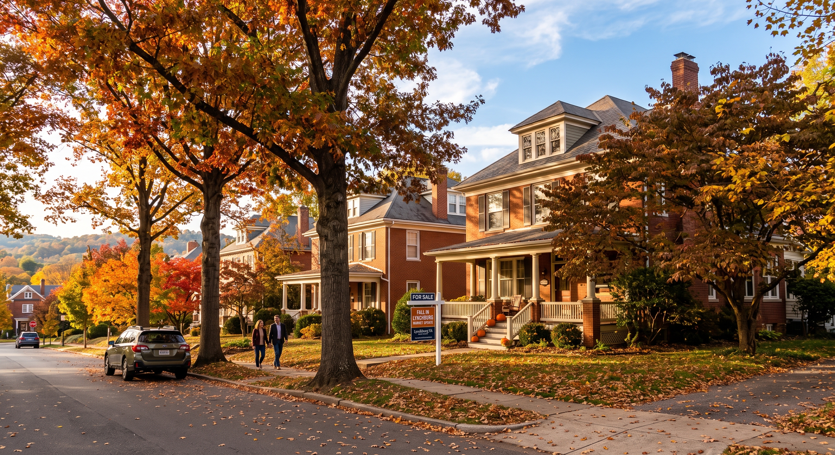 An autumn scene on a historic Lynchburg, Virginia, street, showing classic brick houses surrounded by colourful fall trees and a real estate 'For Sale' sign. A couple walks on the sidewalk as a car is parked nearby.