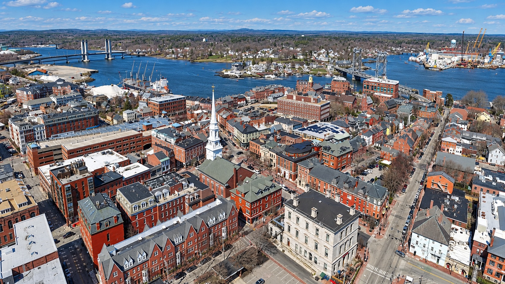 Aerial view of downtown Portsmouth, New Hampshire, near Market Square and the waterfront