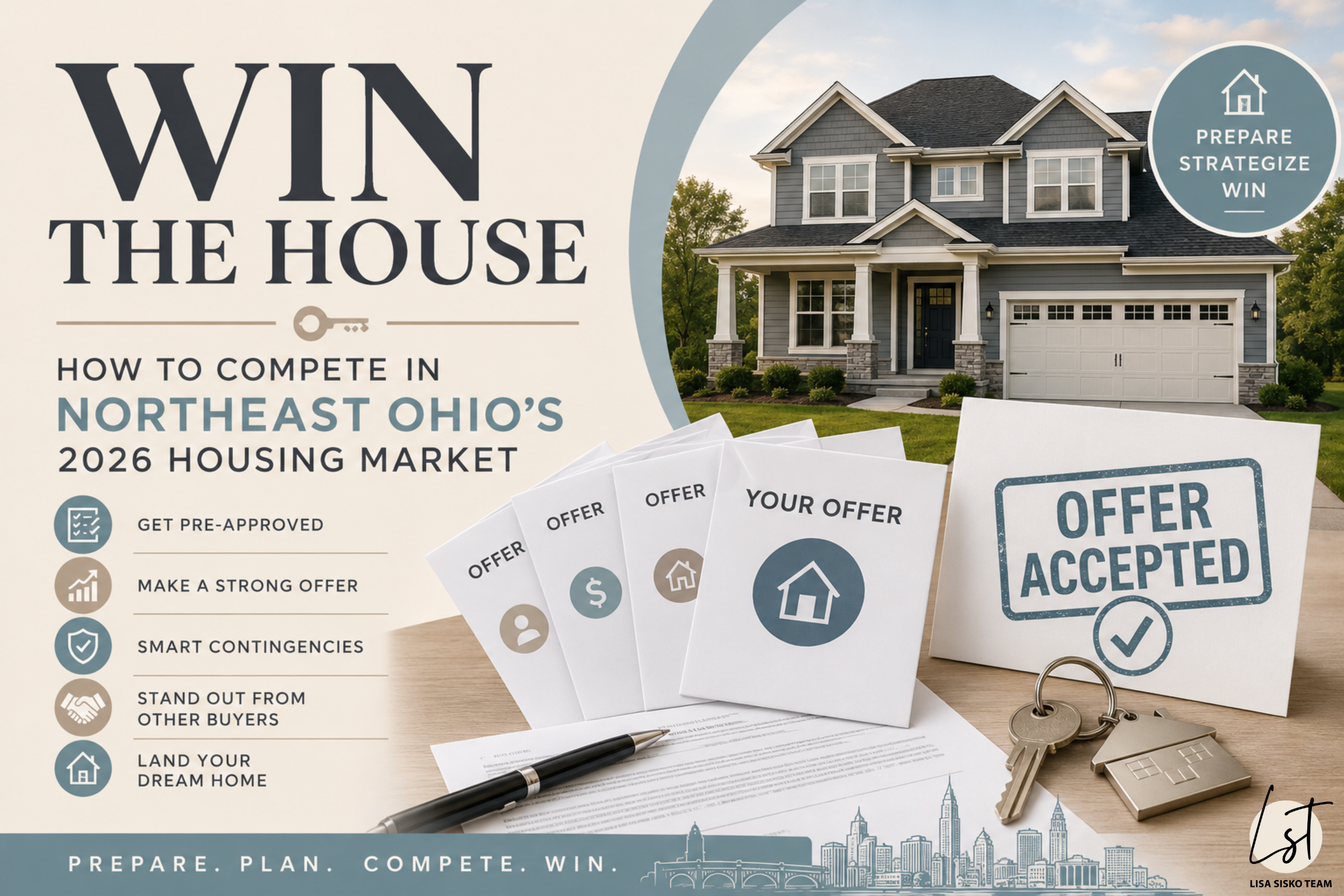 Northeast Ohio home buying infographic featuring multiple offers, home purchase documents, house keys, and bidding war strategies for buyers competing in the 2026 Cleveland housing market.