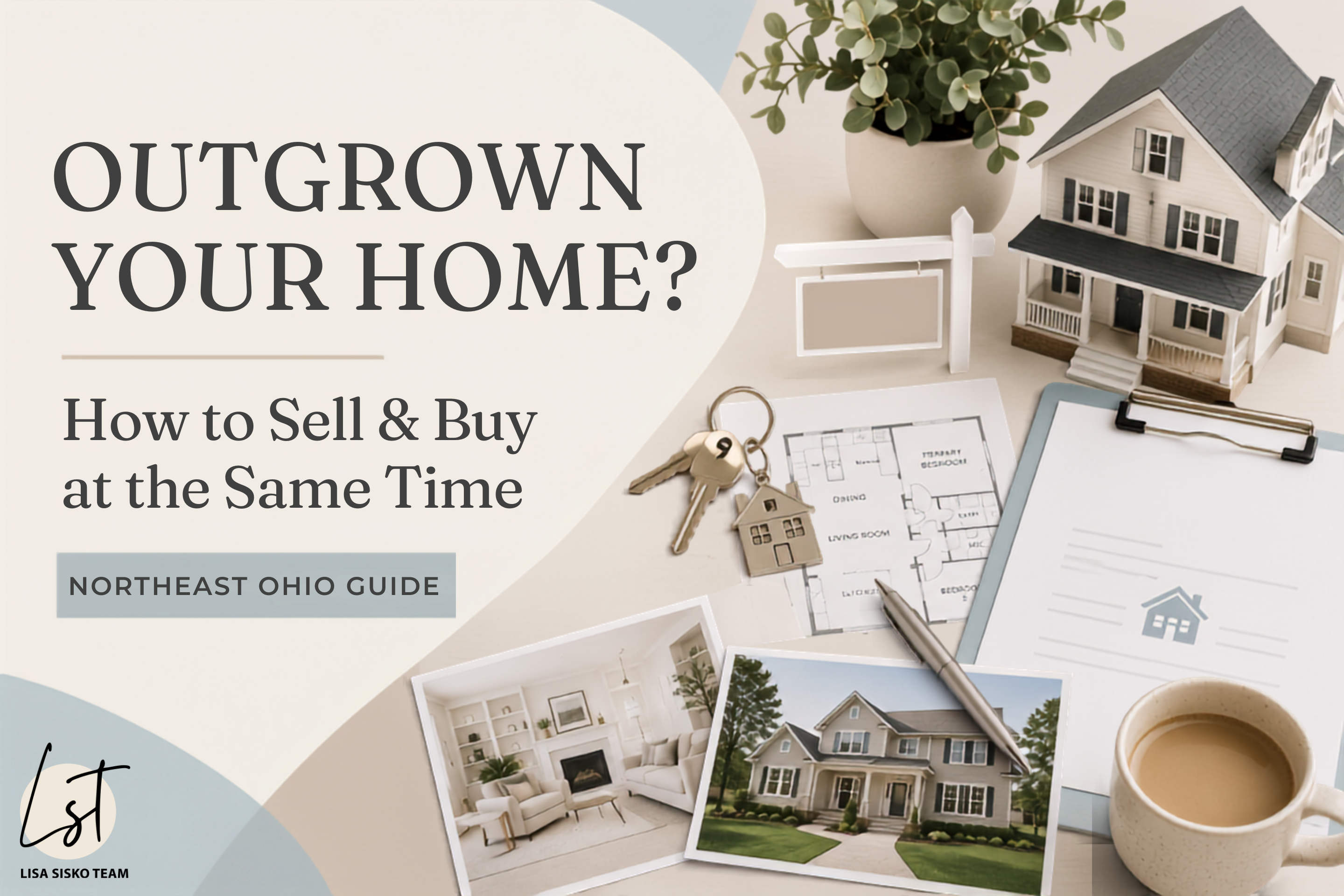 Move-up buyer real estate graphic featuring a sold sign, house model, moving boxes, home loan pre-approval documents, and house keys with the headline 