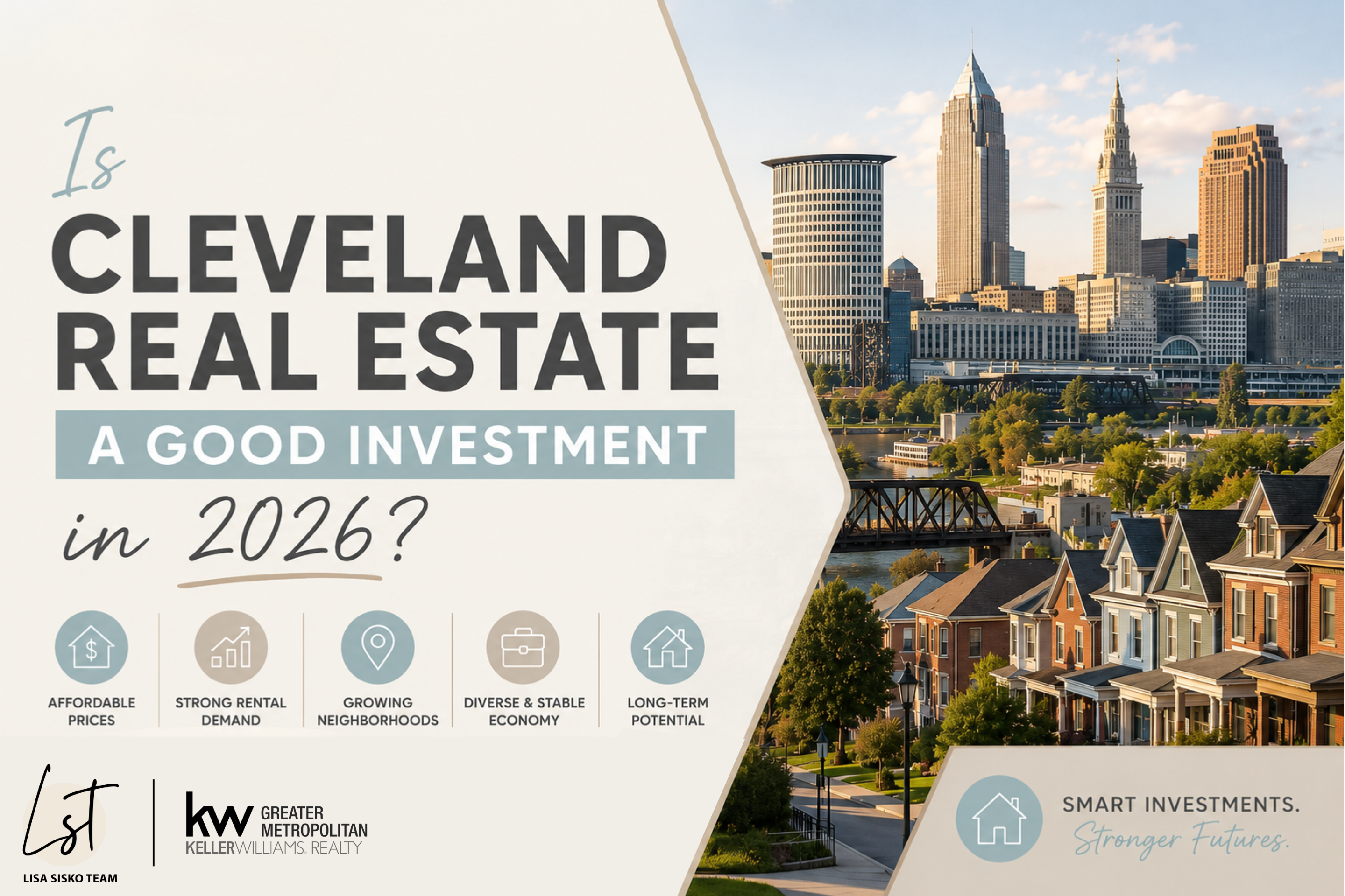 Cleveland skyline and Northeast Ohio homes featured in a 2026 real estate investment blog graphic by the Lisa Sisko Team highlighting Cleveland real estate market opportunities, rental demand, affordability, and long-term investment potential.