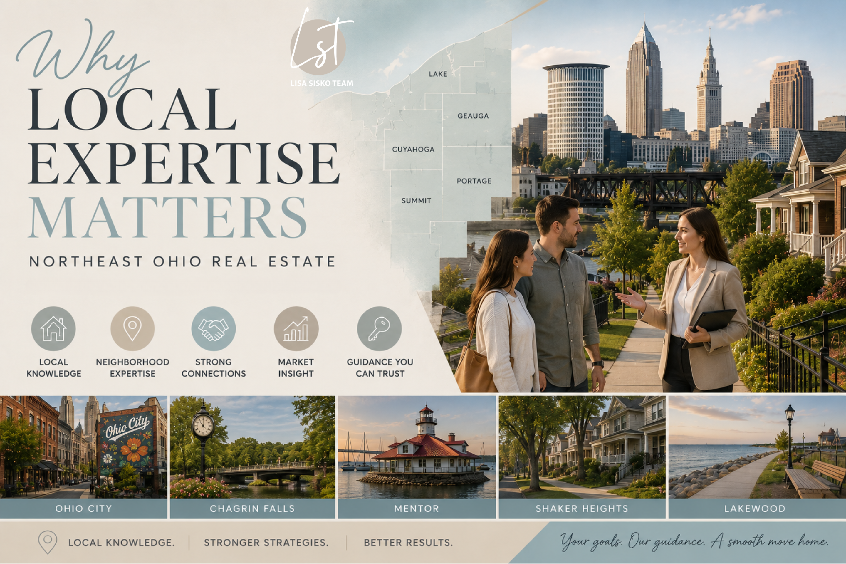 Cleveland real estate expert graphic featuring Northeast Ohio neighborhoods, market insights, and home buying guidance for buyers and sellers in 2026.