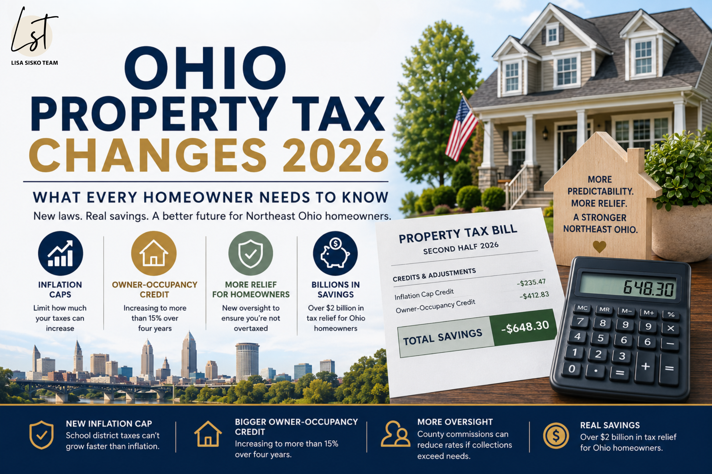 Ohio property tax changes infographic featuring a Northeast Ohio home, tax bill, calculator, and homeowner savings illustration explaining the 2026 Ohio property tax reforms and owner-occupancy credit.