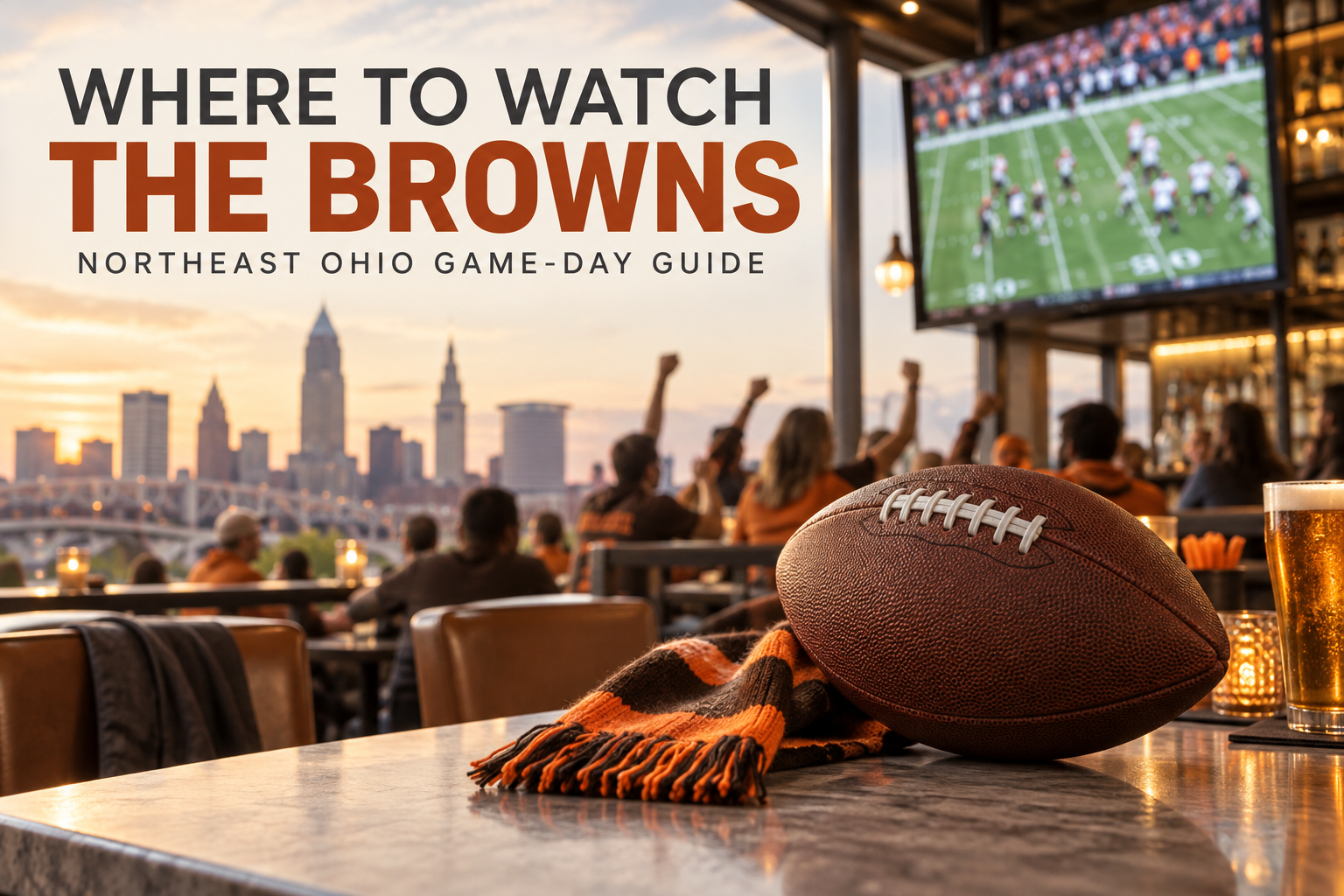 Football and orange-and-brown fan gear at a Cleveland sports bar overlooking the city skyline during a game-day watch party.