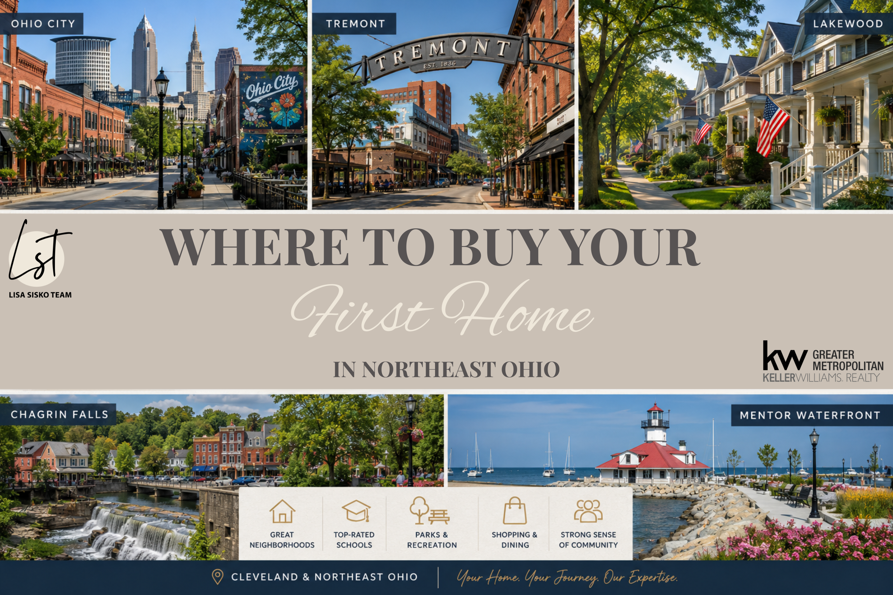 Collage featuring Ohio City, Tremont, Lakewood, Chagrin Falls, and Mentor waterfront showcasing family-friendly Northeast Ohio communities in a 2026 Cleveland home buying guide by the Lisa Sisko Team.