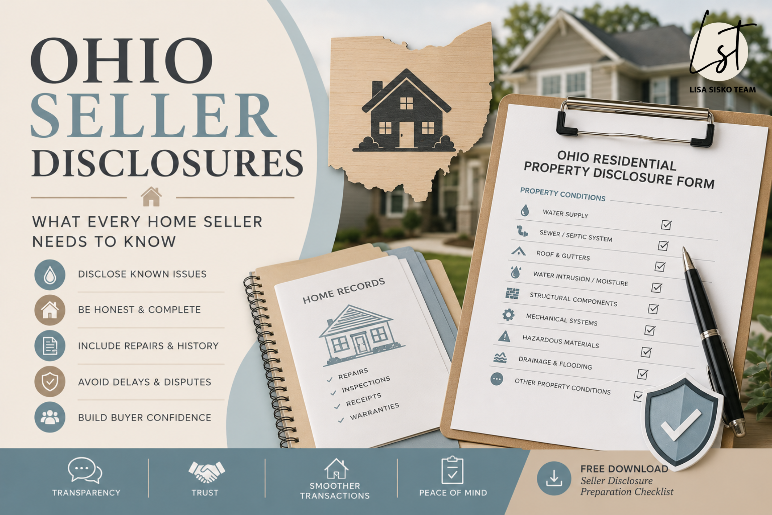 Ohio Residential Property Disclosure Form infographic featuring home seller disclosures, inspection reports, repair records, and property condition information for Northeast Ohio homeowners preparing to sell.