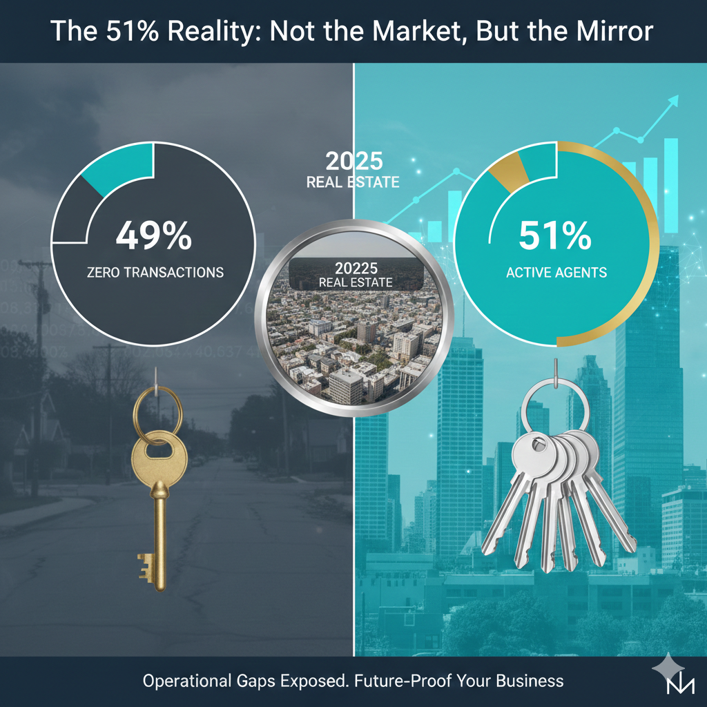 Data visualization of 2025 real estate productivity showing a 51% to 49% split between active agents and those with zero transactions.