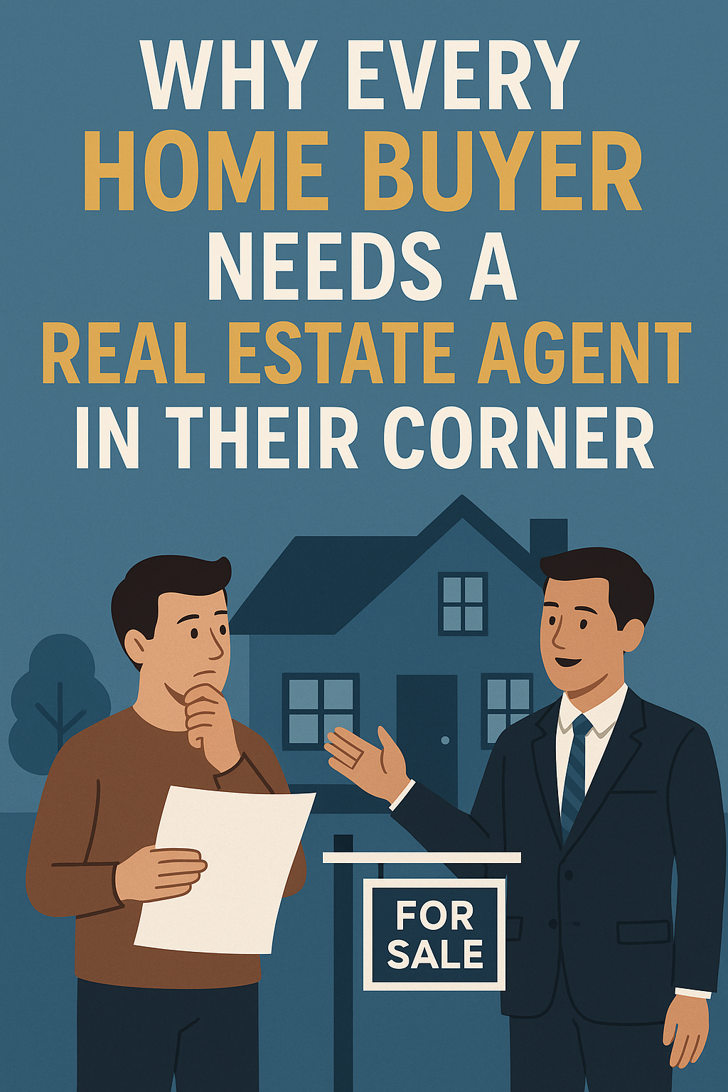 Illustration of a real estate agent in a suit confidently advising a thoughtful home buyer standing in front of a house with a 