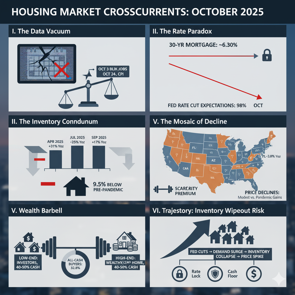 Infographic summarizing October 2025 housing market trends, showing data vacuum, stable 30-year mortgage rates despite expected Fed cuts, decelerating inventory rebound, regional price declines, high all-cash buyer activity, and a predicted inventory wipeout risk from future rate cuts.