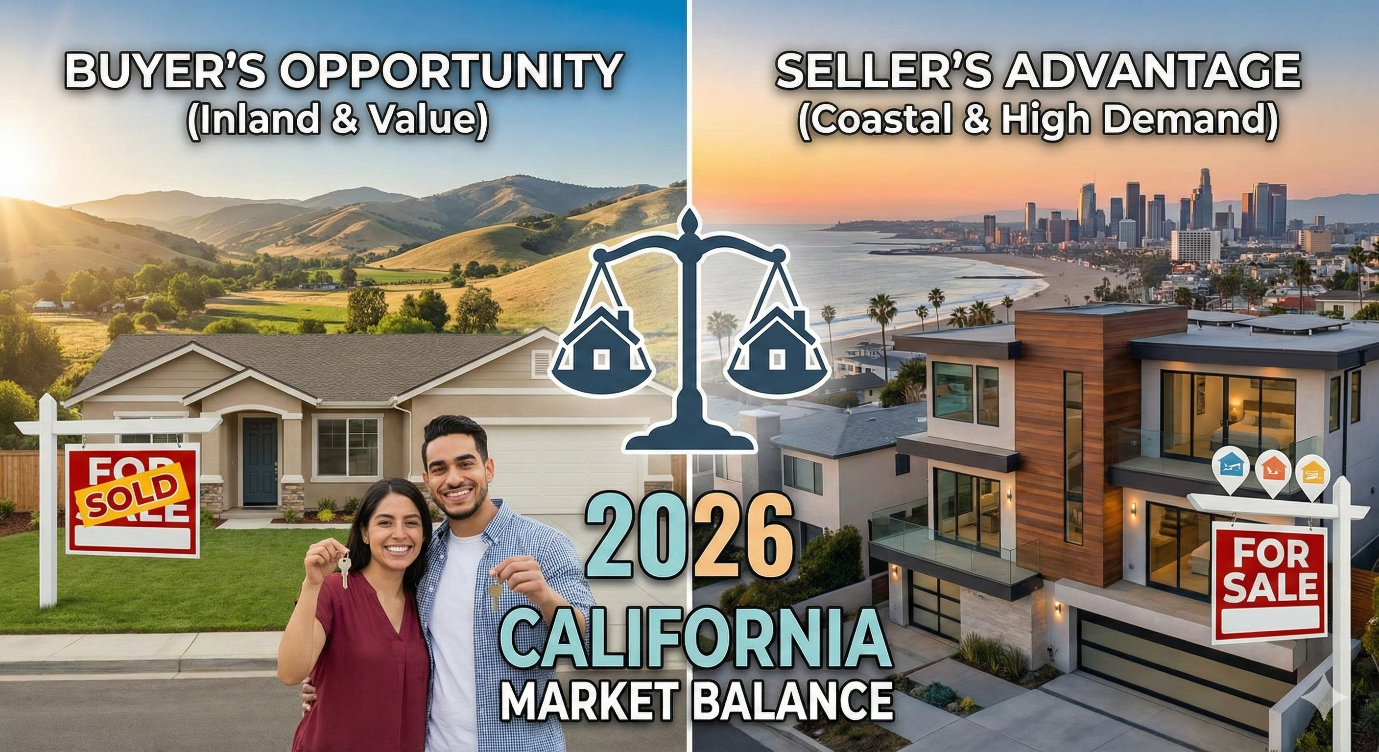 A split-screen blog graphic illustrating the 2026 California real estate market. The left panel, titled 