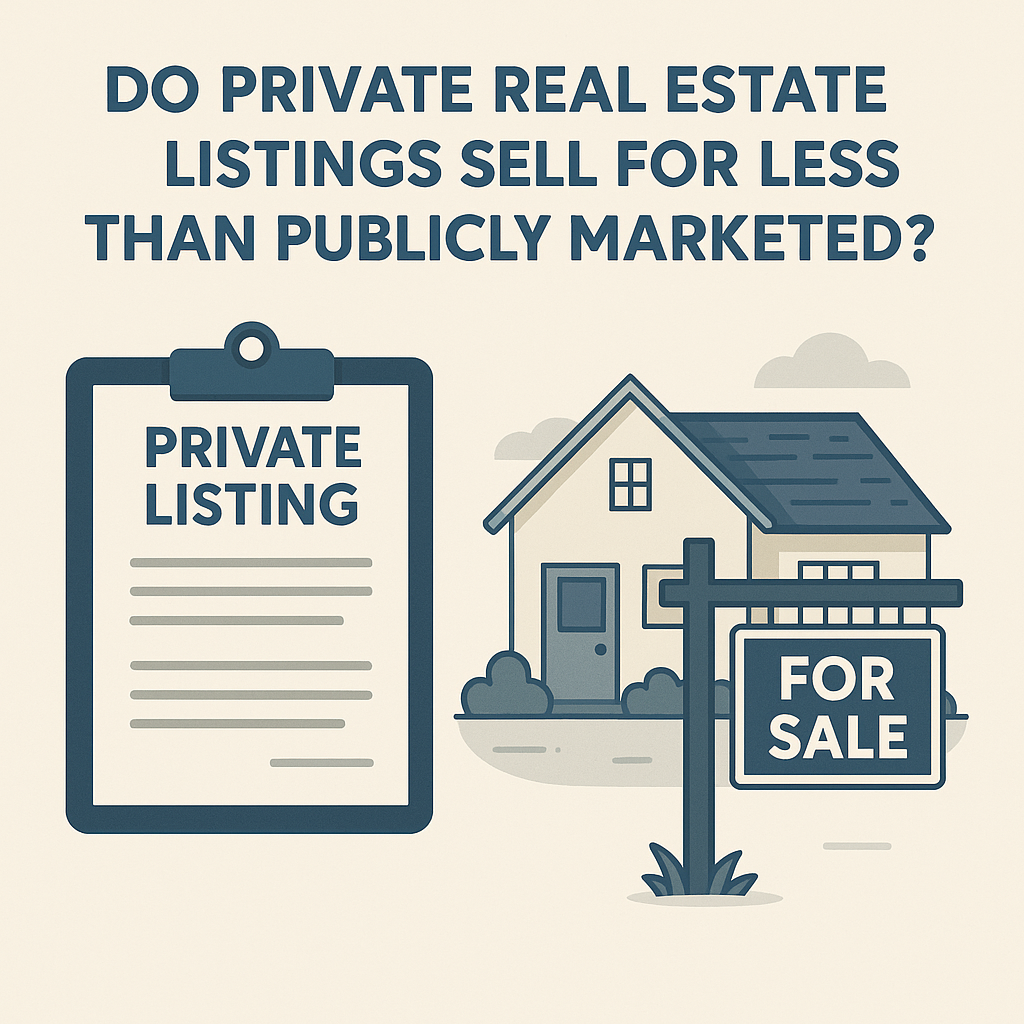 Clean flat-style illustration comparing a “Private Listing” document on a clipboard with a “For Sale” sign in front of a house, under the headline: “Do Private Real Estate Listings Sell for Less Than Publicly Marketed?”