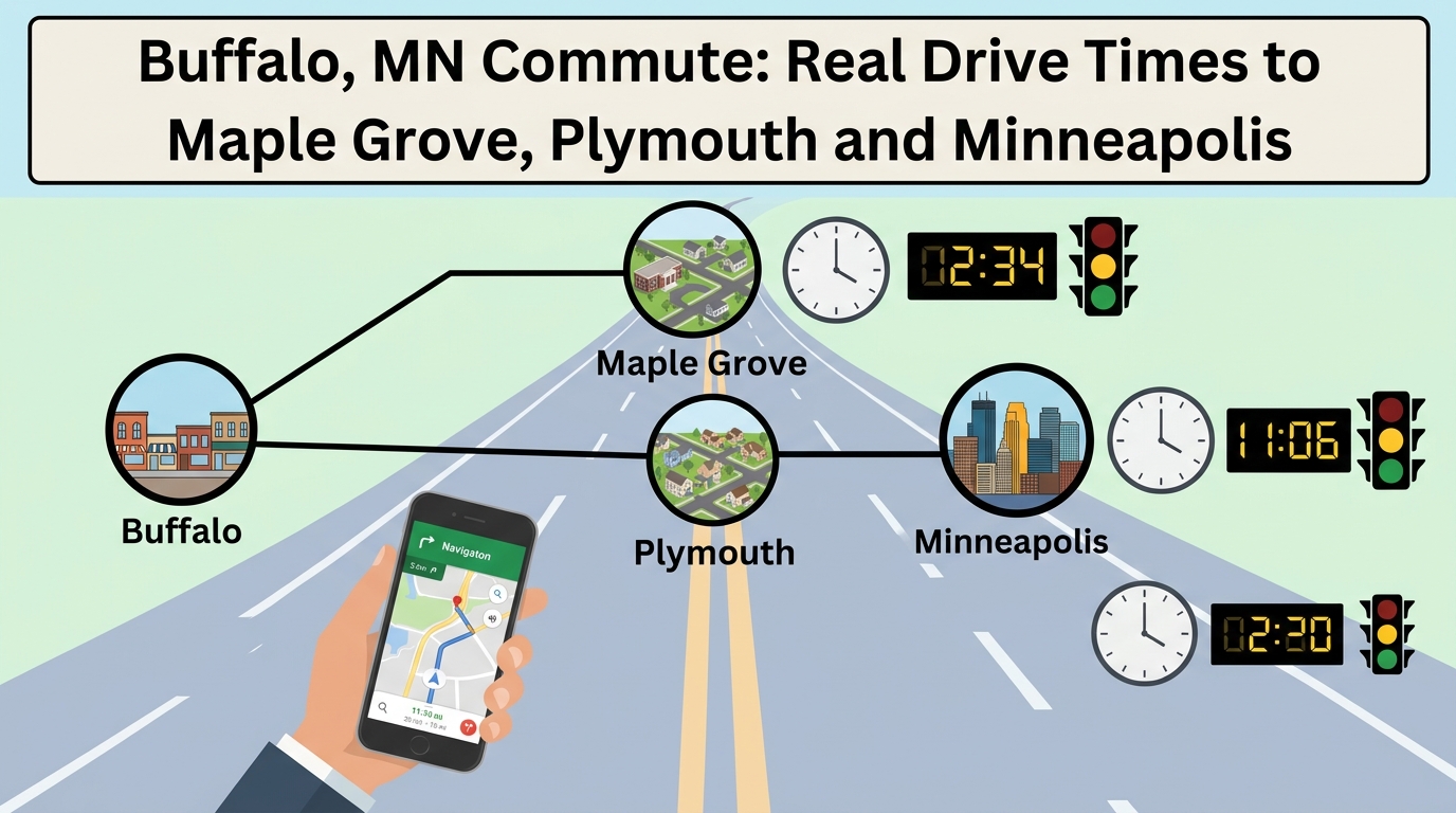 Buffalo, MN Commute: Real Drive Times to Maple Grove, Plymouth and Minneapolis header image.