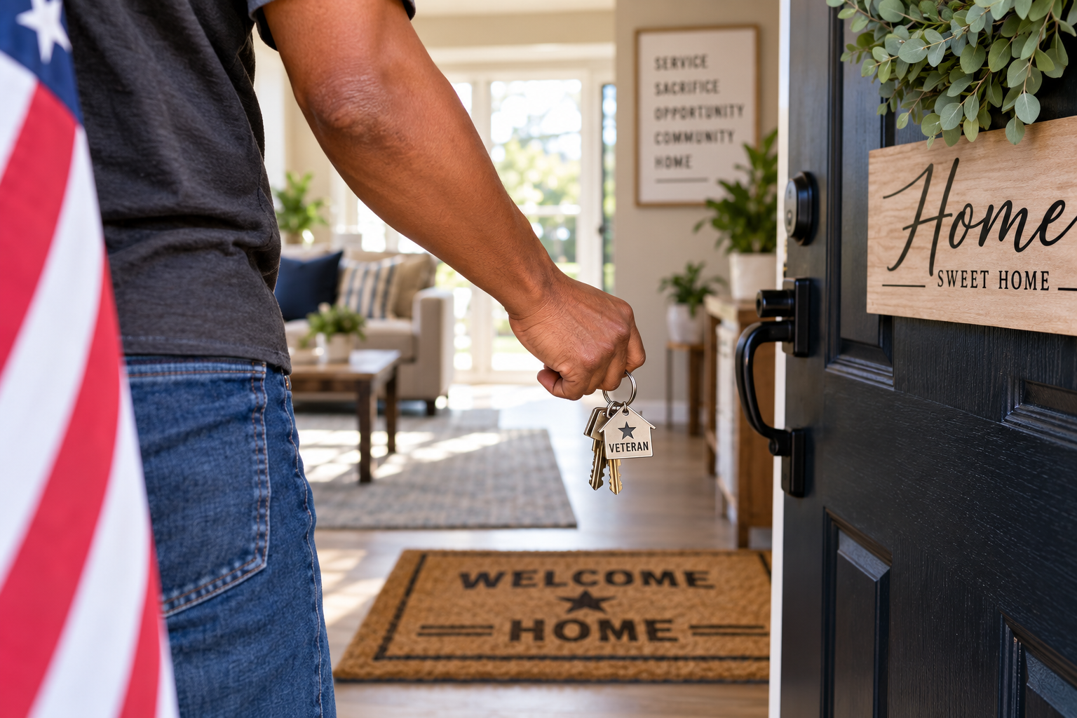 A Veteran opening the front door of a home, representing the transition from housing assistance to long-term housing stability.