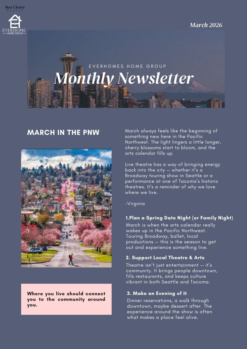 Seattle skyline and Mount Rainier at sunset – March events guide from EverHomes Home Group