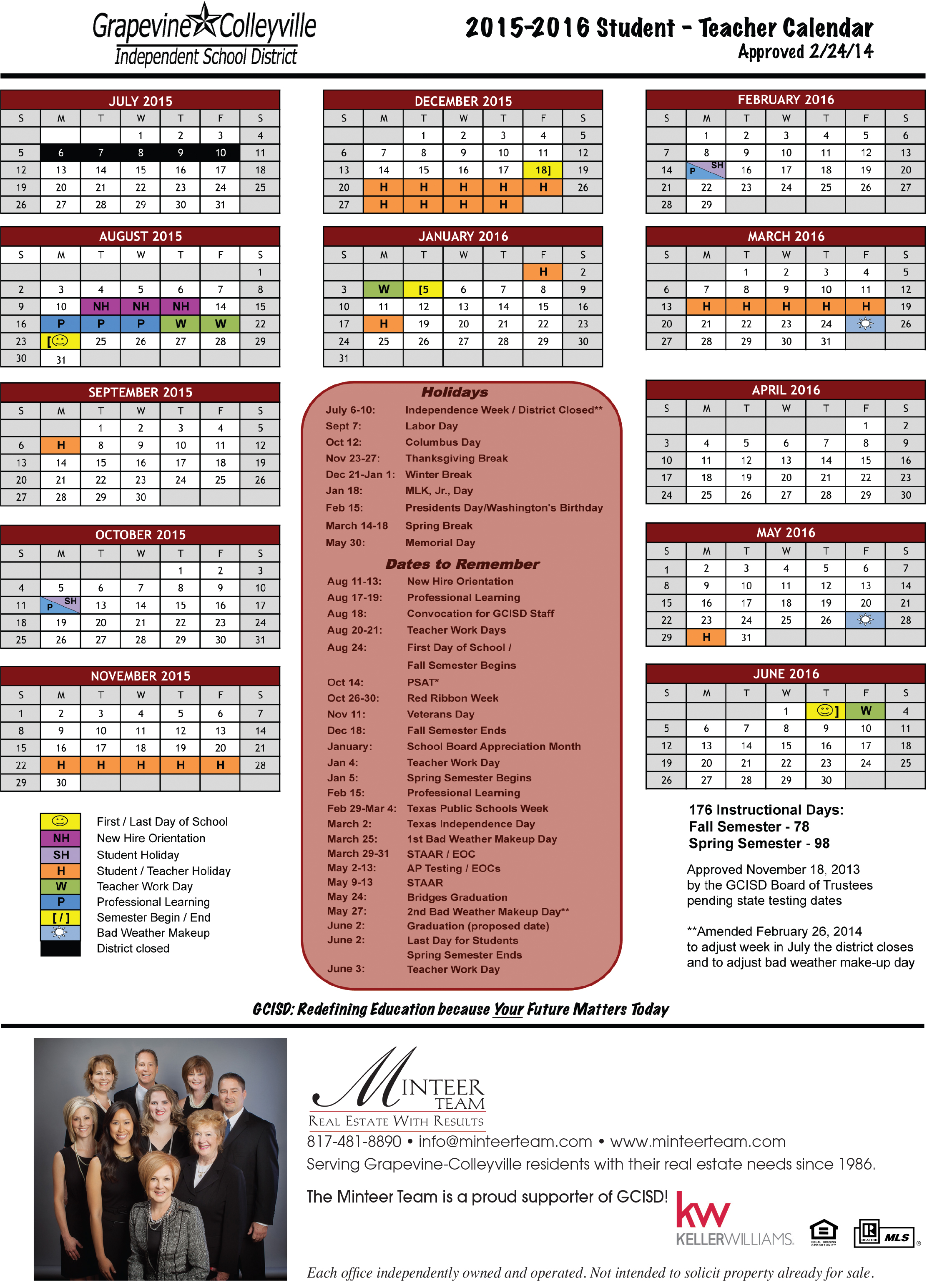 School Calendar for GCISD (2015-2016) header image.