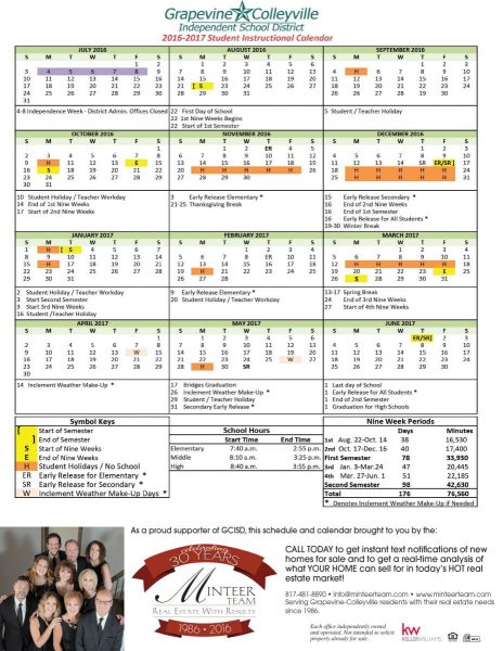 Calendar for 2016-2017 Grapevine-Colleyville School Year header image.