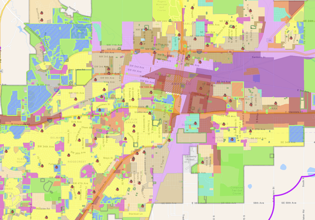 Color-coded GIS zoning map of Amarillo, Texas showing residential, commercial, and public areas by neighborhood for 2025 planning and real estate insights