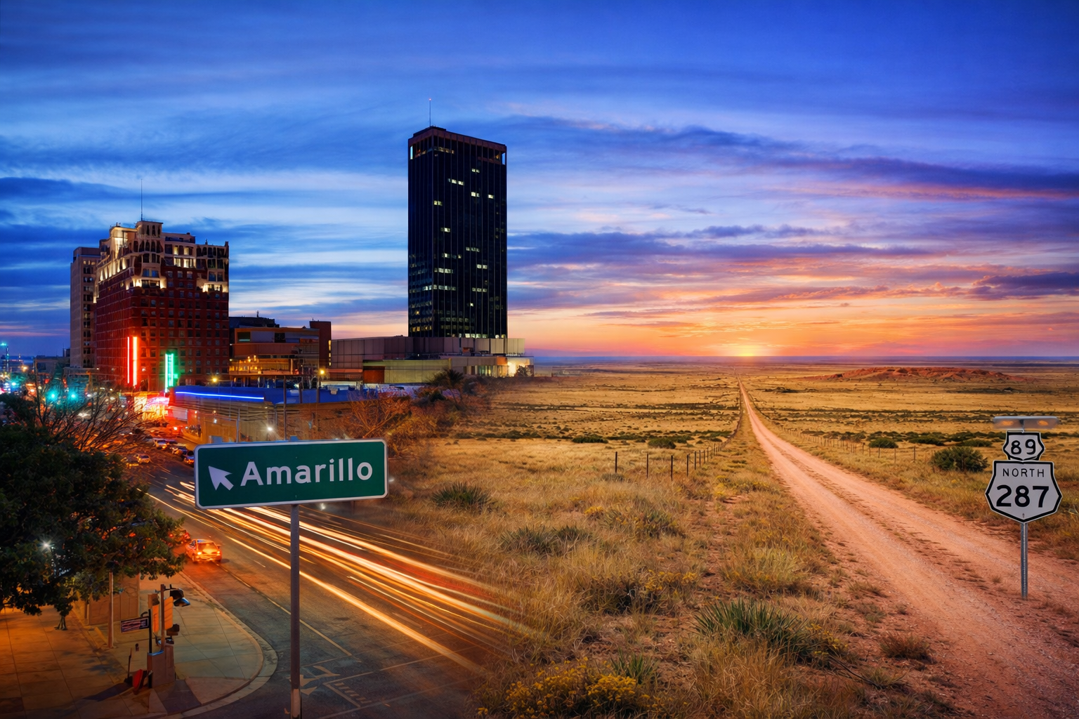 Downtown Amarillo skyline under big Texas sky