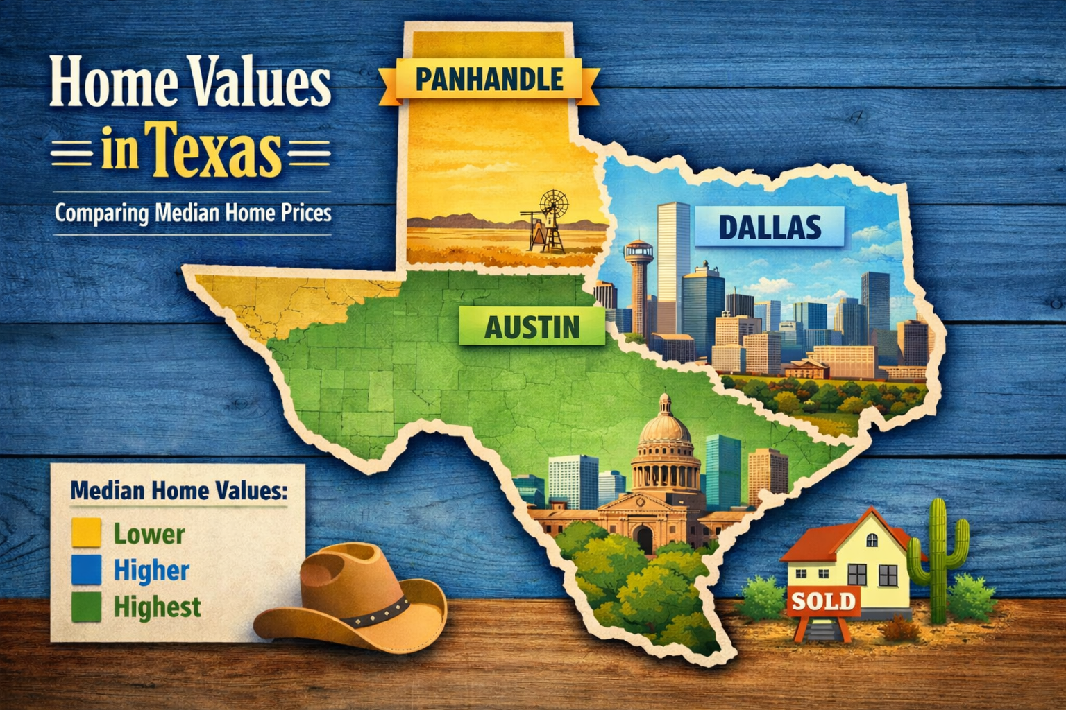 Texas map comparing home values between Panhandle, Dallas, and Austin