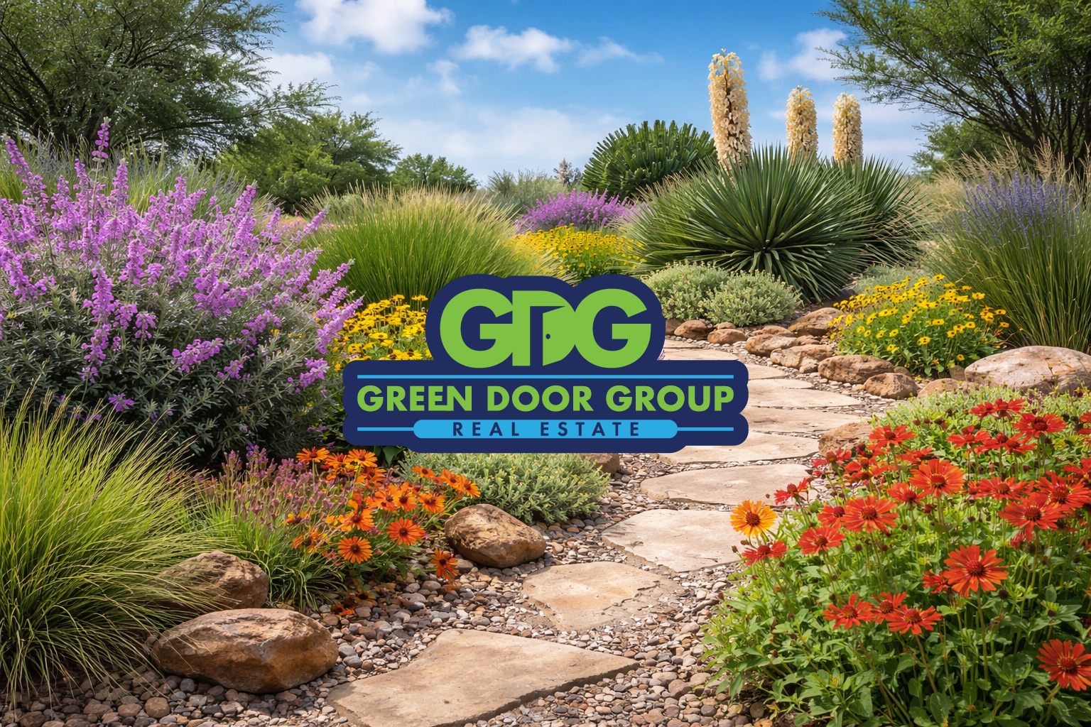 Drought-tolerant landscaping in Amarillo Texas with native grasses and stone pathways