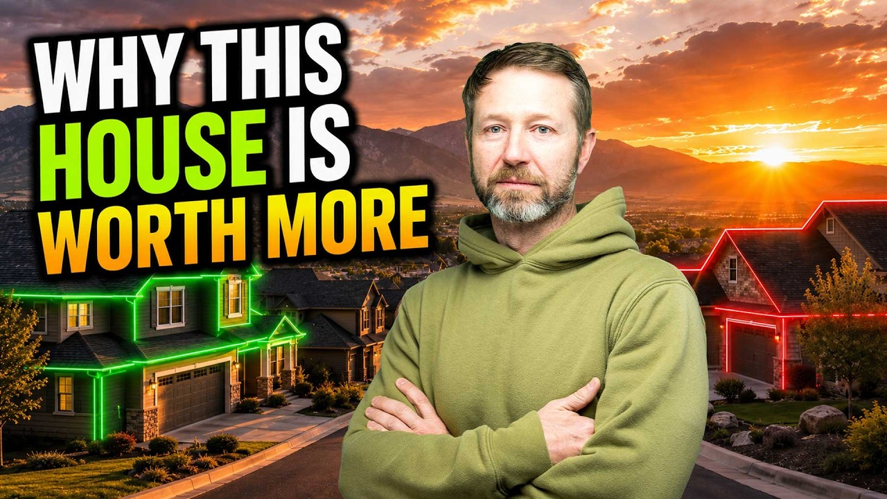 Realtor standing between two similar Colorado Springs homes at sunset, with one house highlighted in green and the other in red beneath the text 