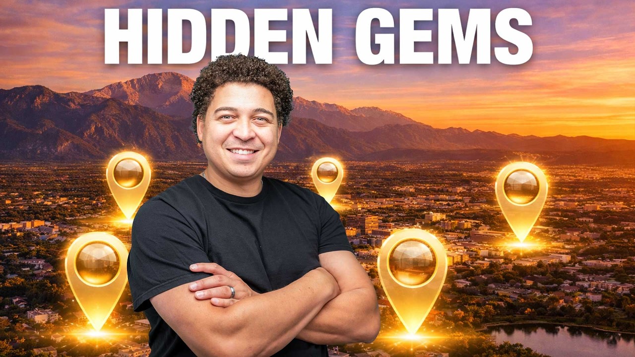 Real estate agent in front of a Colorado Springs skyline at sunset with Pikes Peak and location markers representing hidden gems and local favorites in Colorado Springs.