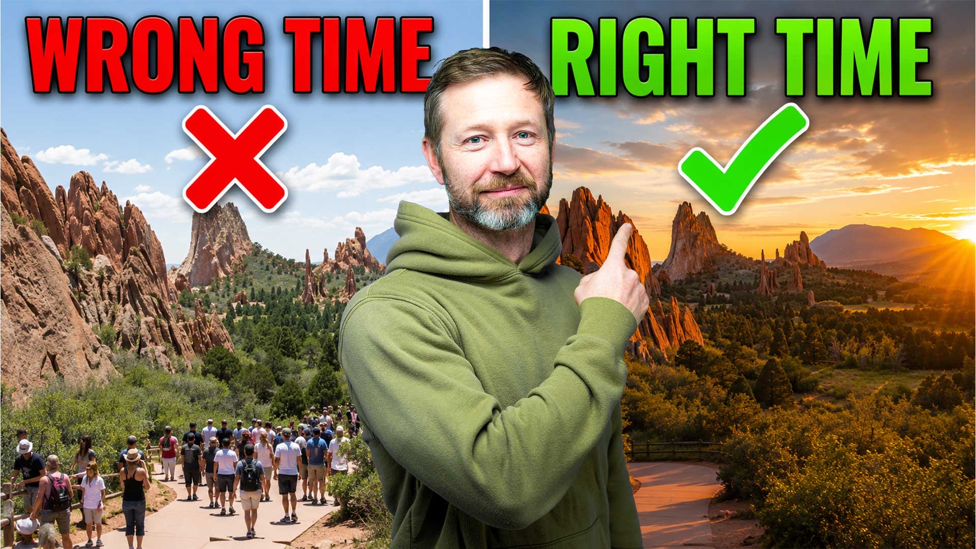 Man pointing toward a sunset view of Garden of the Gods labeled 