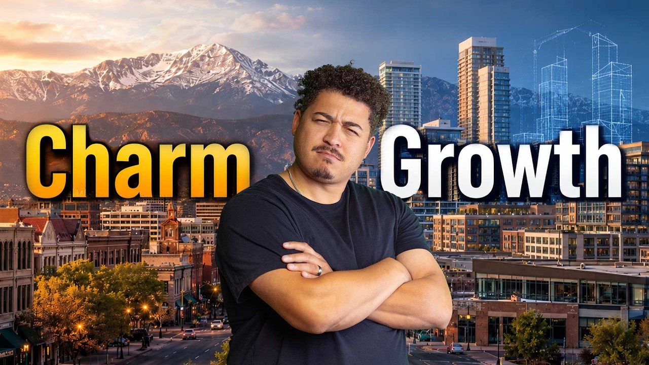 Real estate agent standing between a historic downtown Colorado Springs scene labeled 