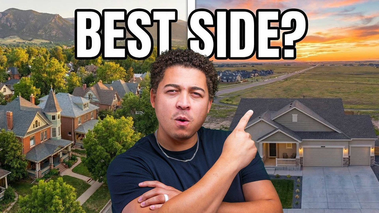Real estate agent pointing between two different Colorado Springs neighborhoods, with historic homes and mountain views on one side and newer suburban homes on the other, beneath the text 