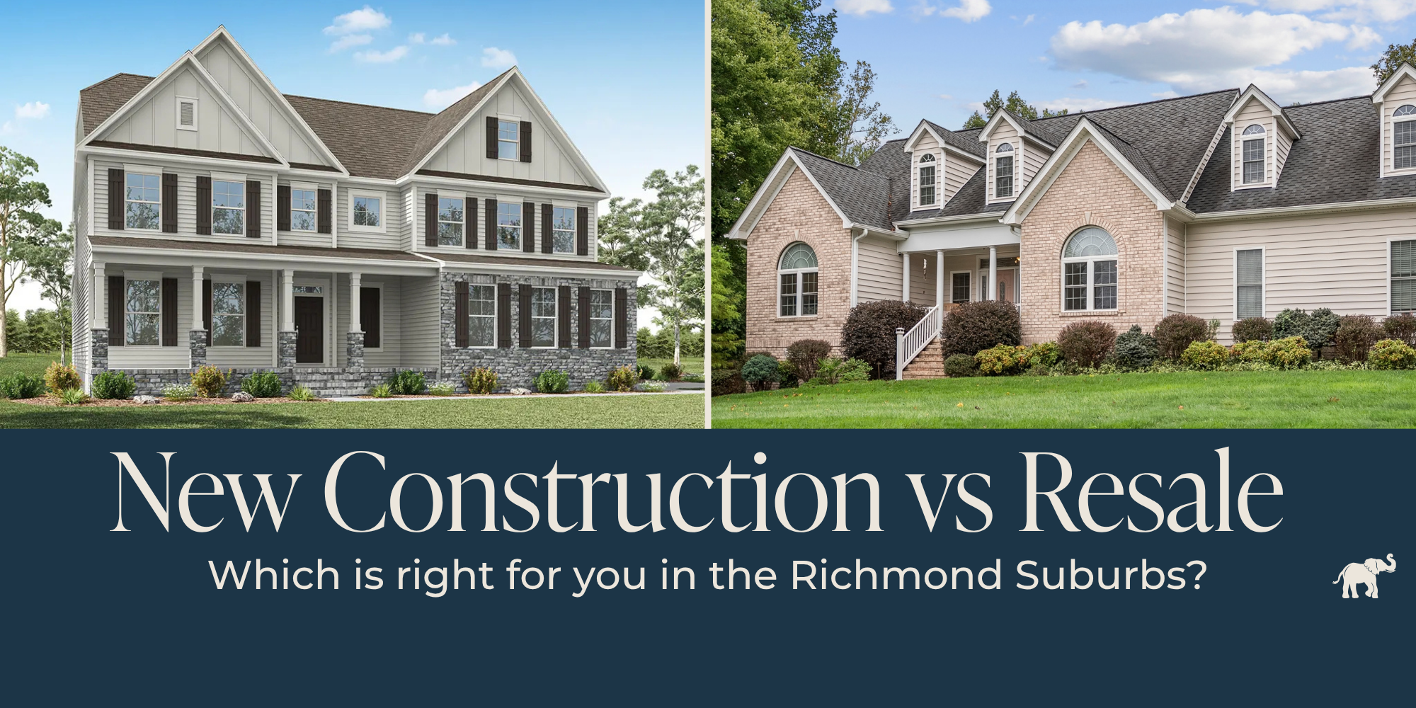 Illustrative comparison of a new construction home and an established brick colonial for The Wright Group’s Richmond suburbs homebuying guide.