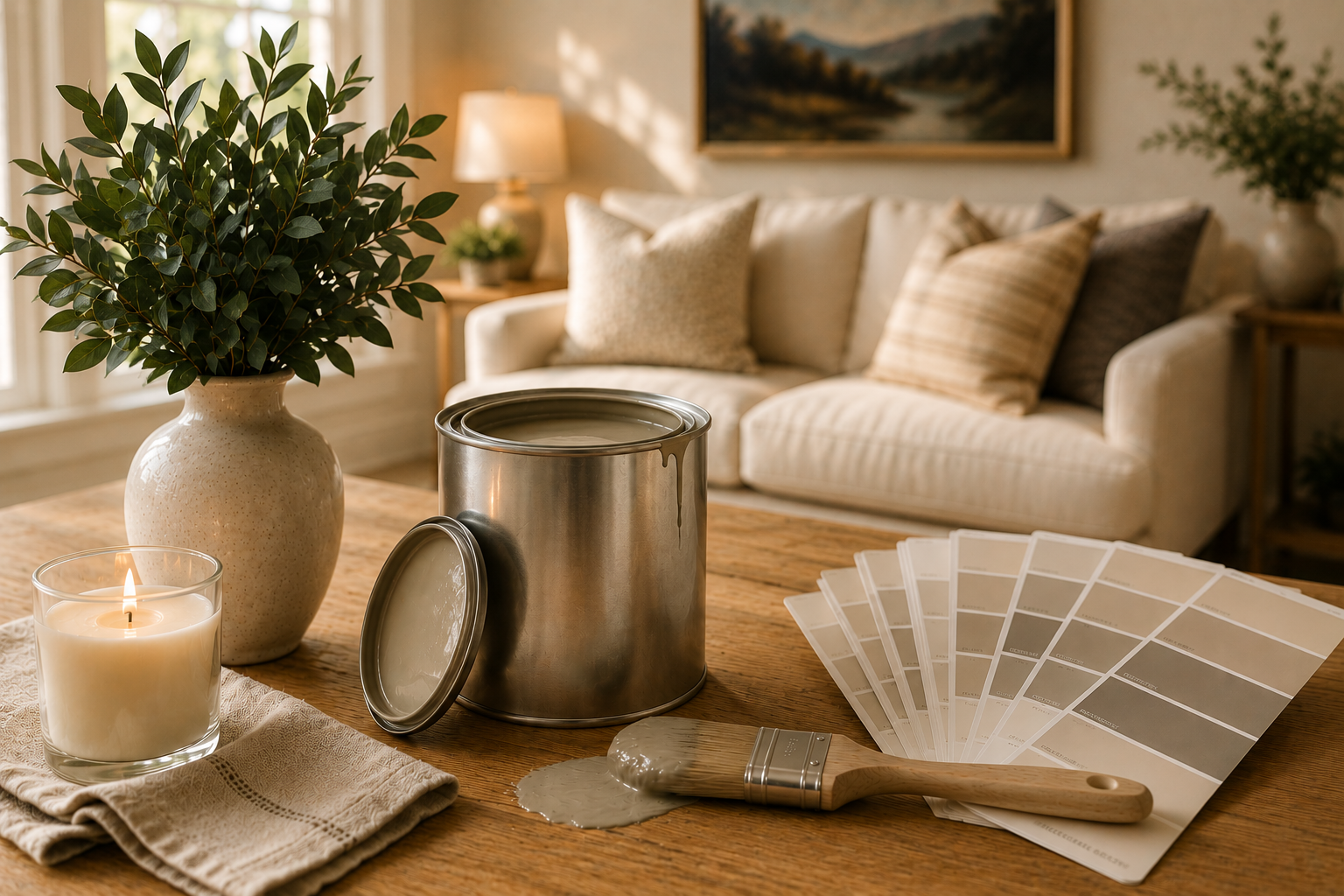 Luxury living room styled with warm neutral paint swatches, an open greige paint can, paintbrush with fresh paint, and layered designer decor in a softly lit North Texas home interior.