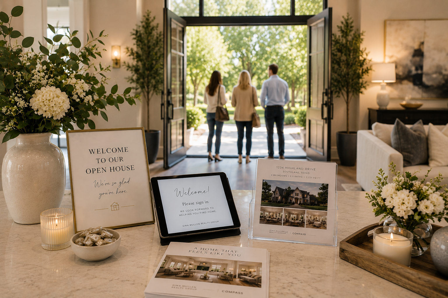 Professionally staged open house with marketing materials, sign-in station, and prospective buyers touring a luxury home in North Texas.