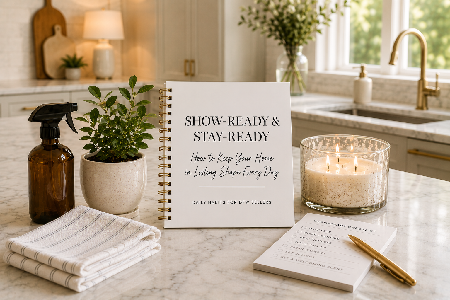Show-ready home checklist with cleaning supplies, fresh greenery, and organized kitchen staging in a North Texas home