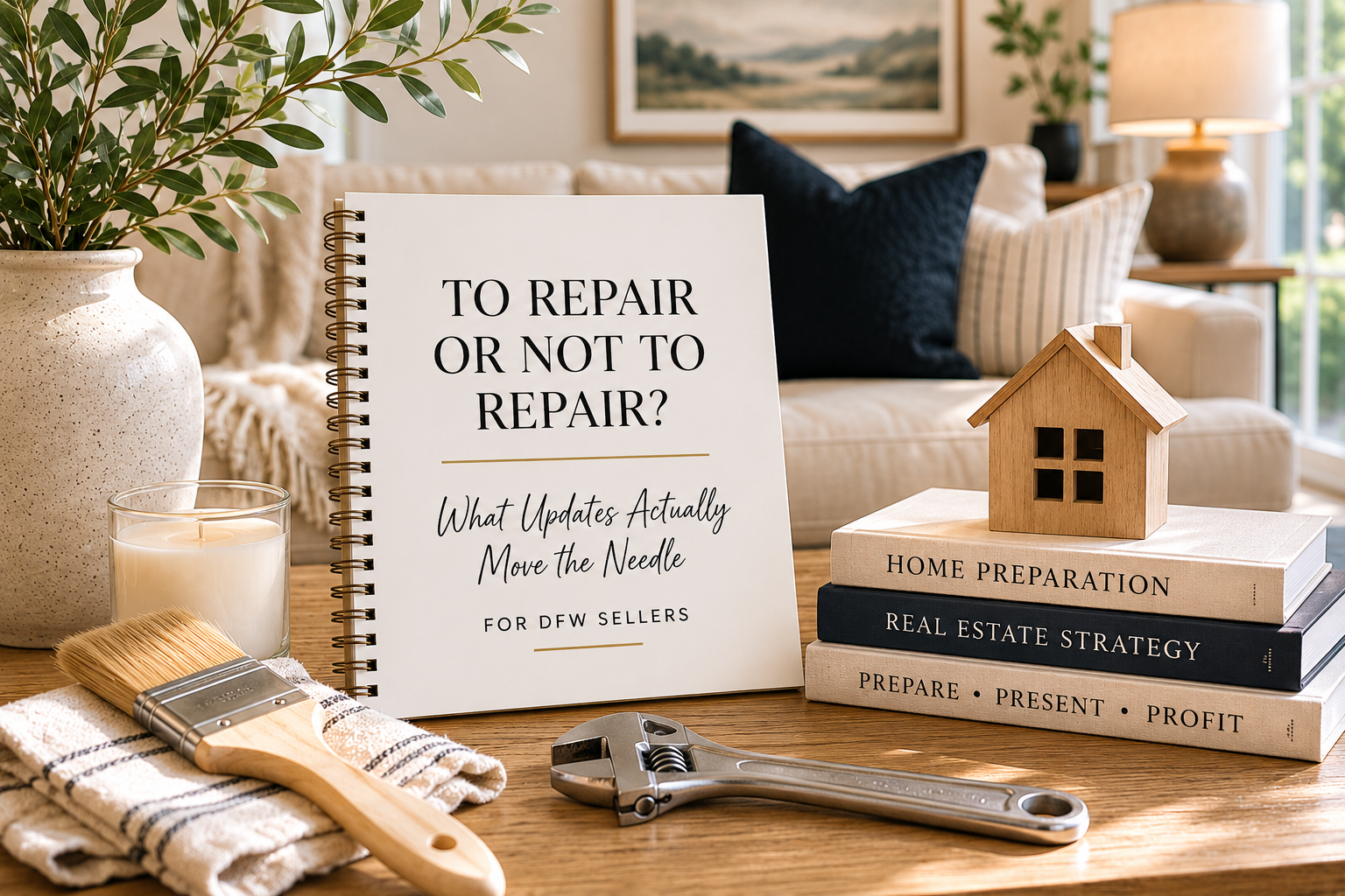 home repair tools, neutral décor, and home preparation books representing strategic pre-listing updates and repairs for sellers in the Argyle, Southlake, and greater DFW real estate market