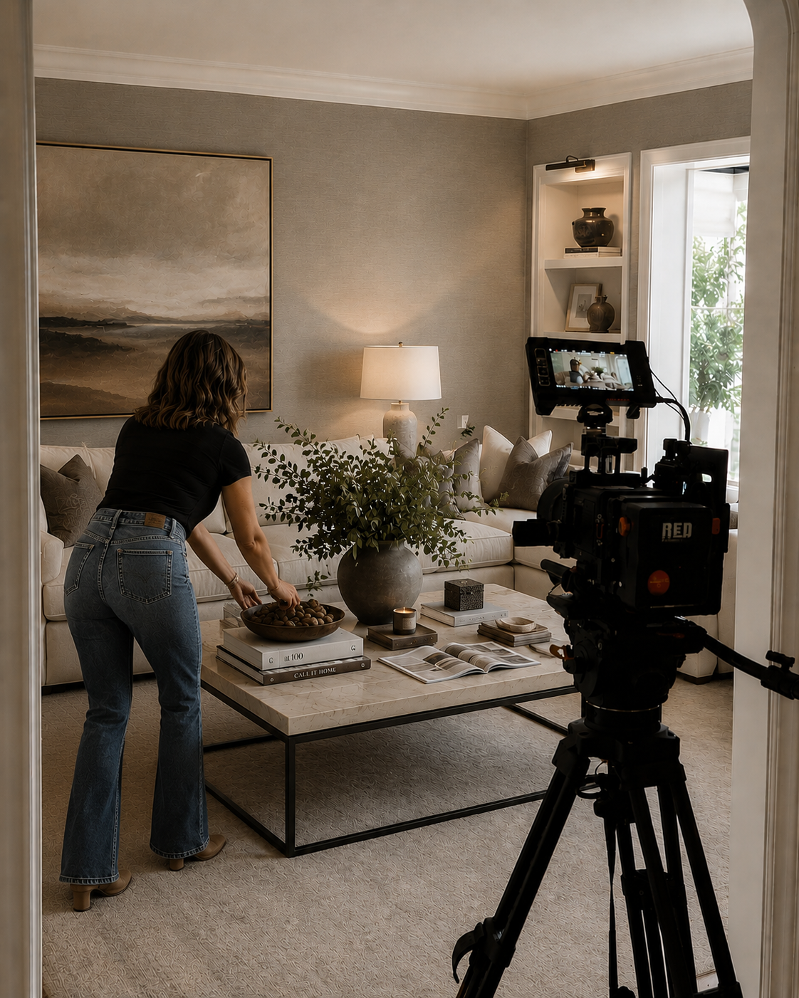 Behind-the-scenes luxury home staging and listing photography setup in a professionally styled North Texas home