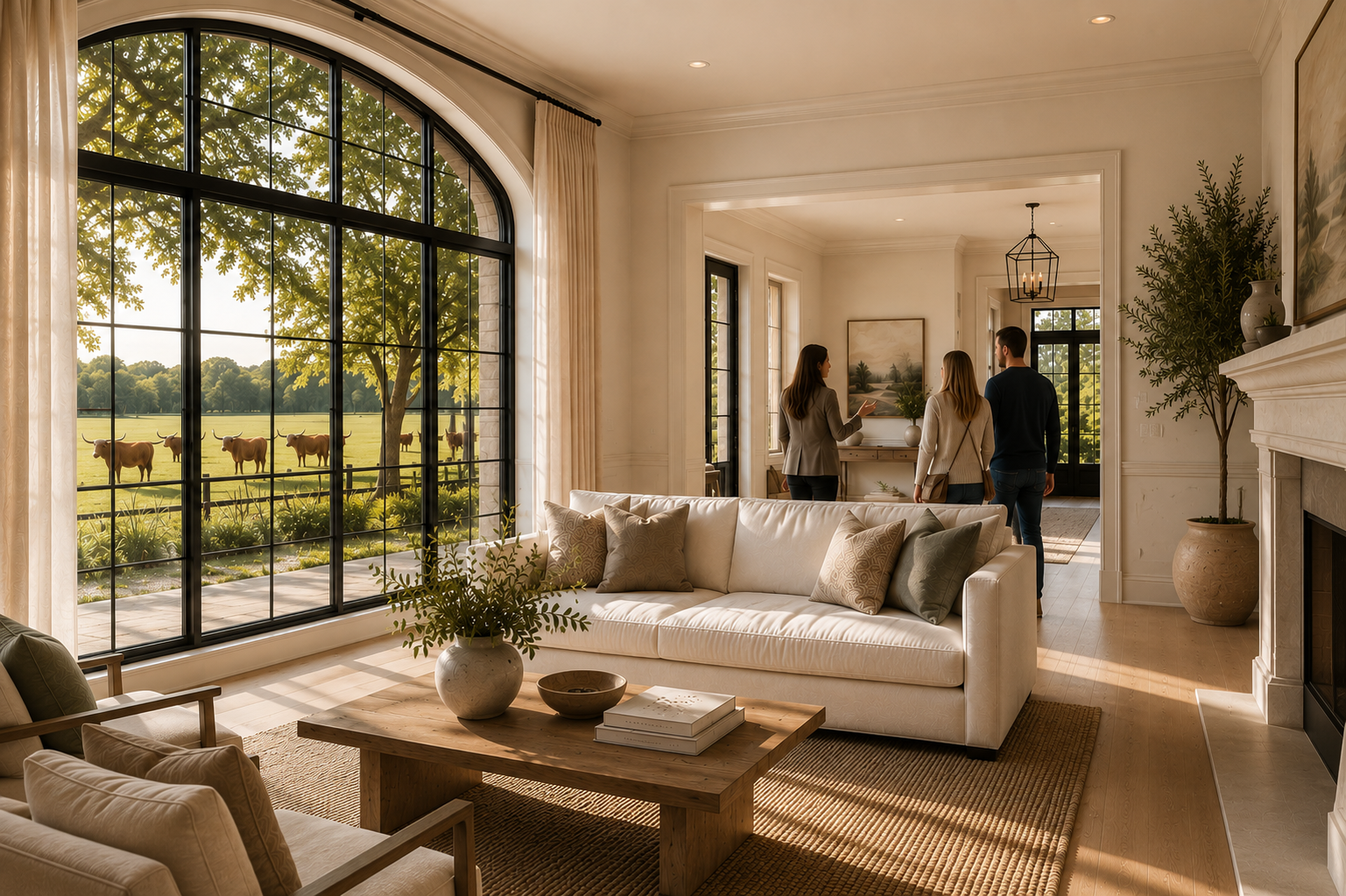 Real estate agent showing a luxury North Texas home to prospective buyers in a sunlit living room overlooking a pasture with longhorn cattle.