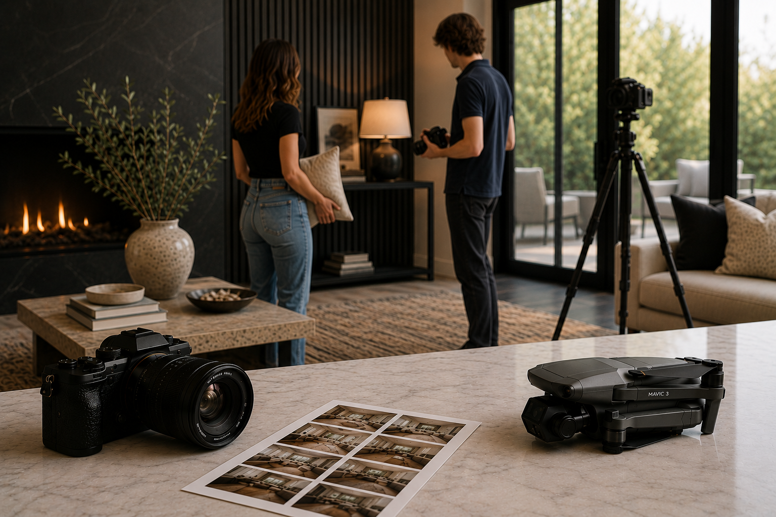 Luxury home listing photography preparation in North Texas with a listing coordinator and professional photographer reviewing a staged living room before a photo shoot