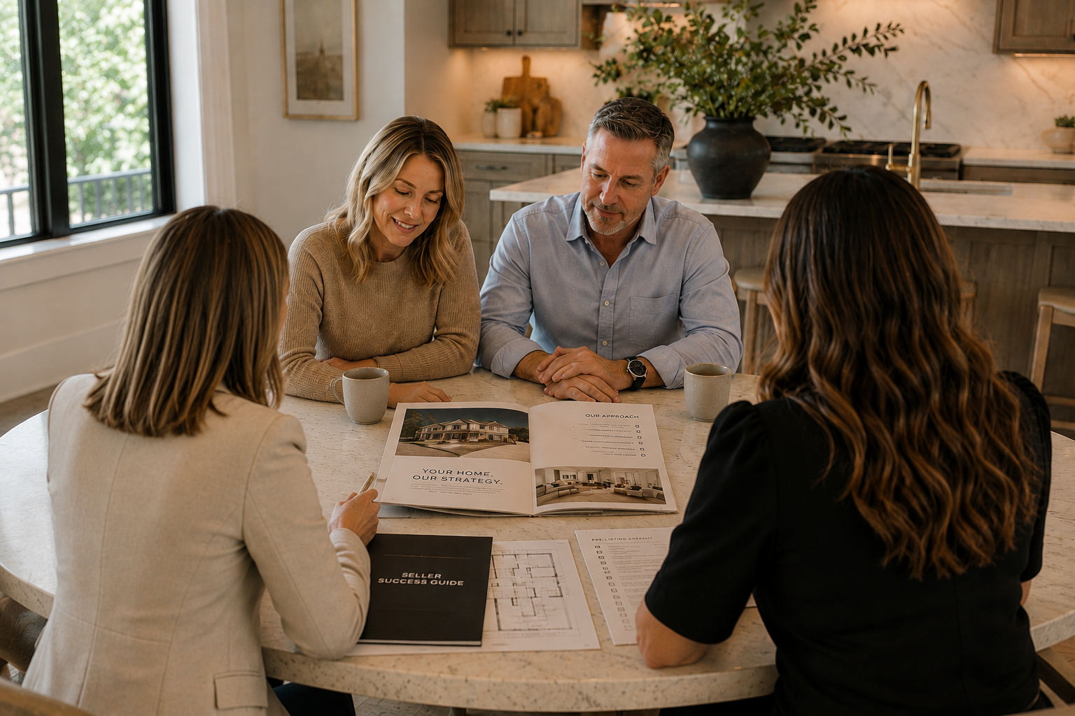 Real estate consultants meeting with homeowners to review a customized home selling strategy, marketing plan, and listing preparation materials.