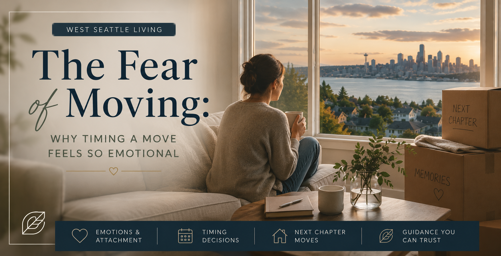The Fear of Moving blog cover featuring West Seattle homeowner reflecting on timing a move with Seattle skyline view