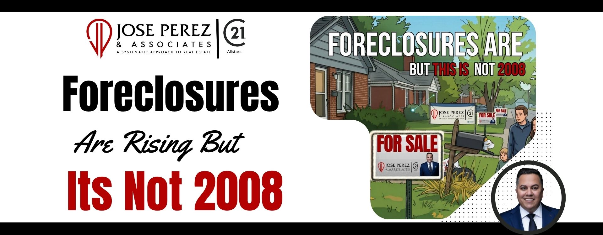 Row of Whittier CA homes with one subtle foreclosure sign, showing a stable neighborhood and explaining why rising foreclosures do not mean another 2008 crash