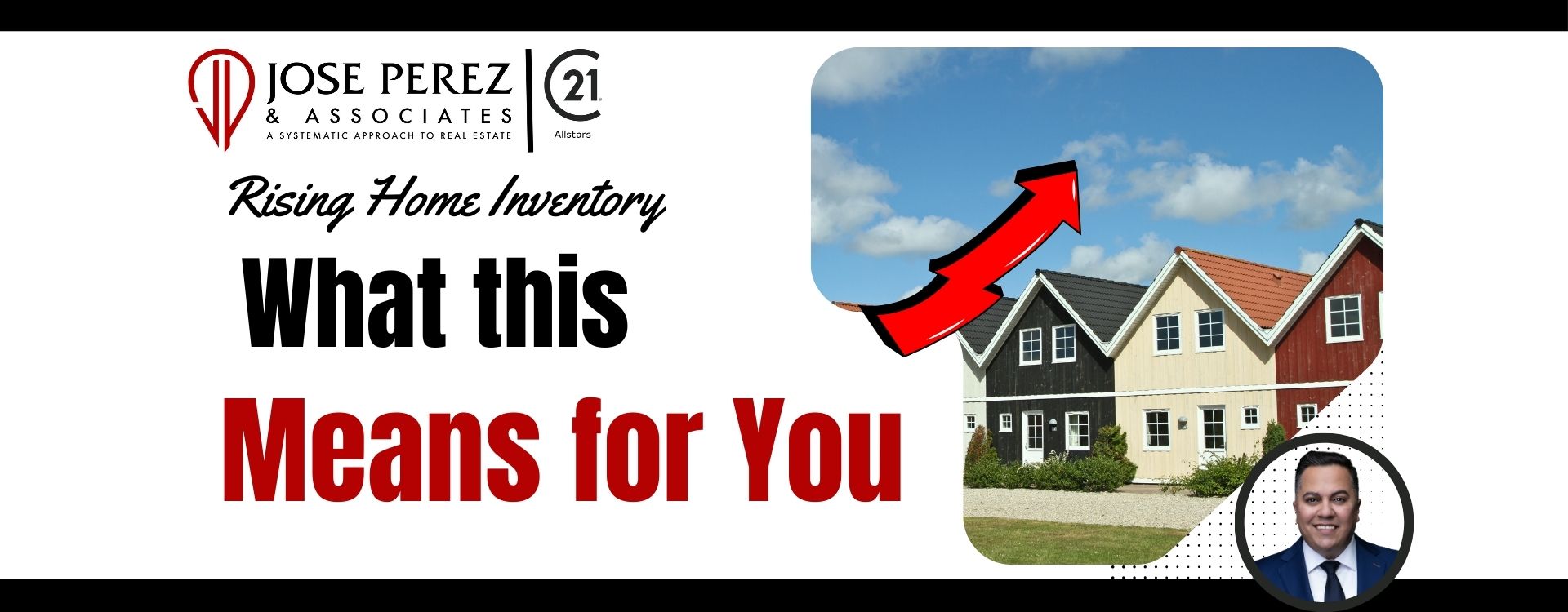 Real estate blog graphic titled “Rising Home Inventory: What This Means for You” showing colorful homes with an upward arrow, representing housing inventory growth in the Whittier CA real estate market by Jose Perez & Associates.