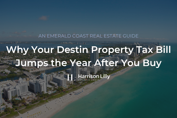 Okaloosa County TRIM notice beside a calculator showing an estimated Destin property tax bill