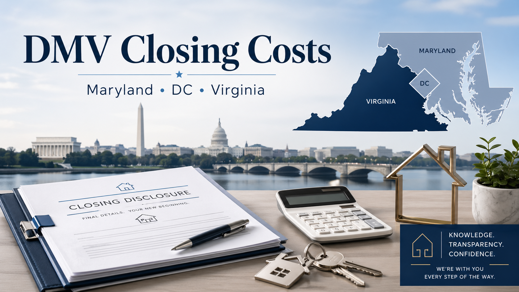 DMV closing costs blog graphic showing a Washington DC skyline, Maryland, DC, and Virginia map, closing disclosure documents, calculator, house keys, and home icon.