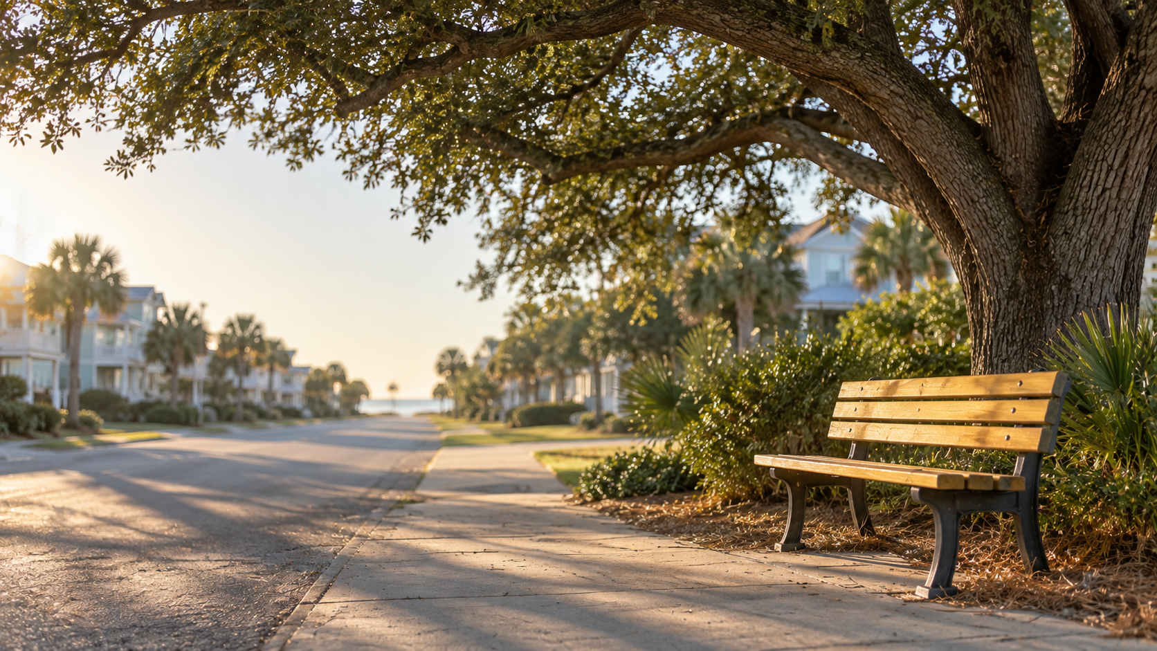 An empty school bus stop bench under a live oak in a neighborhood served by Gulf Shores and Orange Beach schools