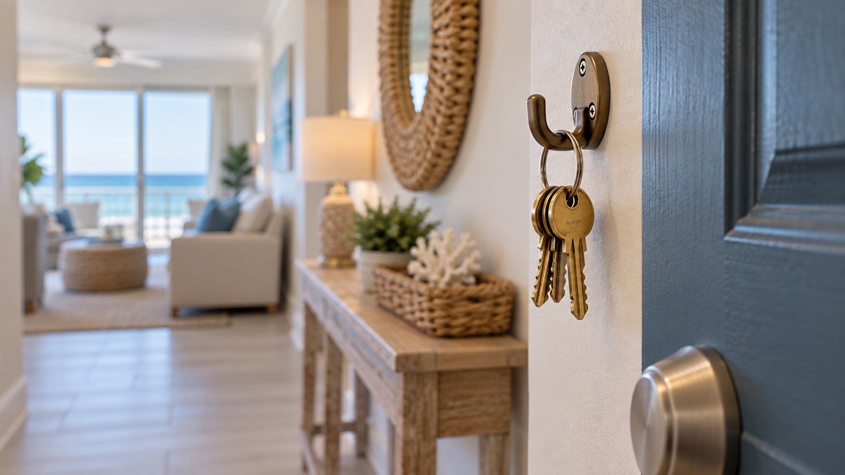 A ring of keys on a hook by a condo door, ready for the questions to ask a vacation rental manager in Orange Beach, Alabama