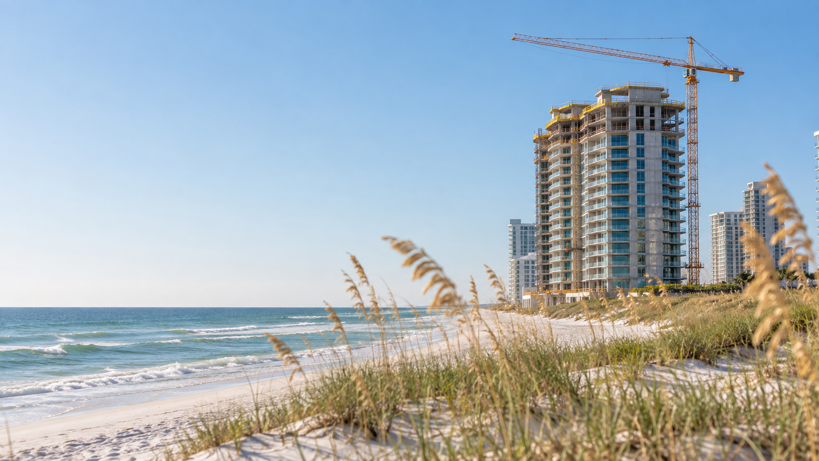 A condominium tower under construction with a crane, buying a pre-construction condo in Orange Beach Alabama
